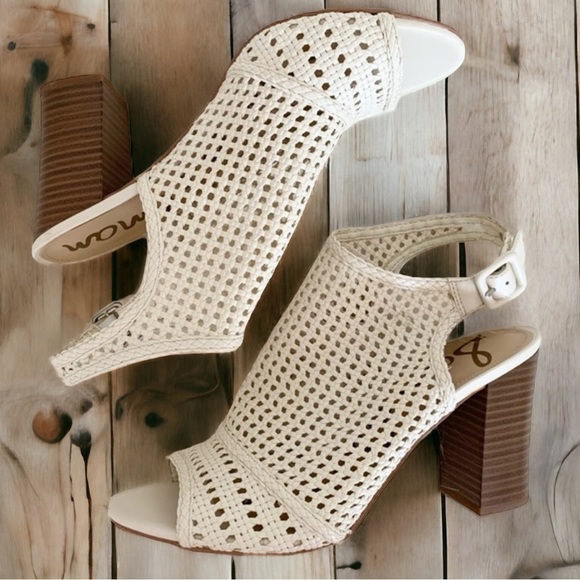 SAM EDELMAN “EVIE” 4”Leather Basket Weave Sandal Women’s 10 Neutral Ivor… - Picture 9 of 12